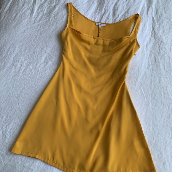 NWT Miaou Ginger Silky Draped Ruched Cowl Sleeveless Mini Dress Mustard Yellow - Picture 7 of 12